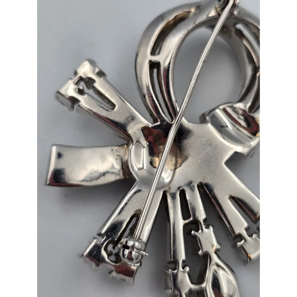 Vintage Rhinestone Bow Brooch Pin Silver Tone Clear Champagne‎ Baguette Round